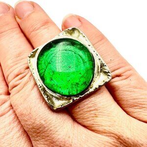 Vintage Modernist Womens Ring Sterling Silver Green Glass Size Adjustable